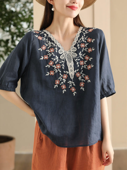 Women Summer Artsy Flower Embroidery Ramie V-Neck Shirt