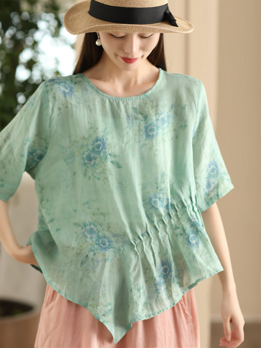 Women Summer Artsy Floral Shirred Ramie Shirt