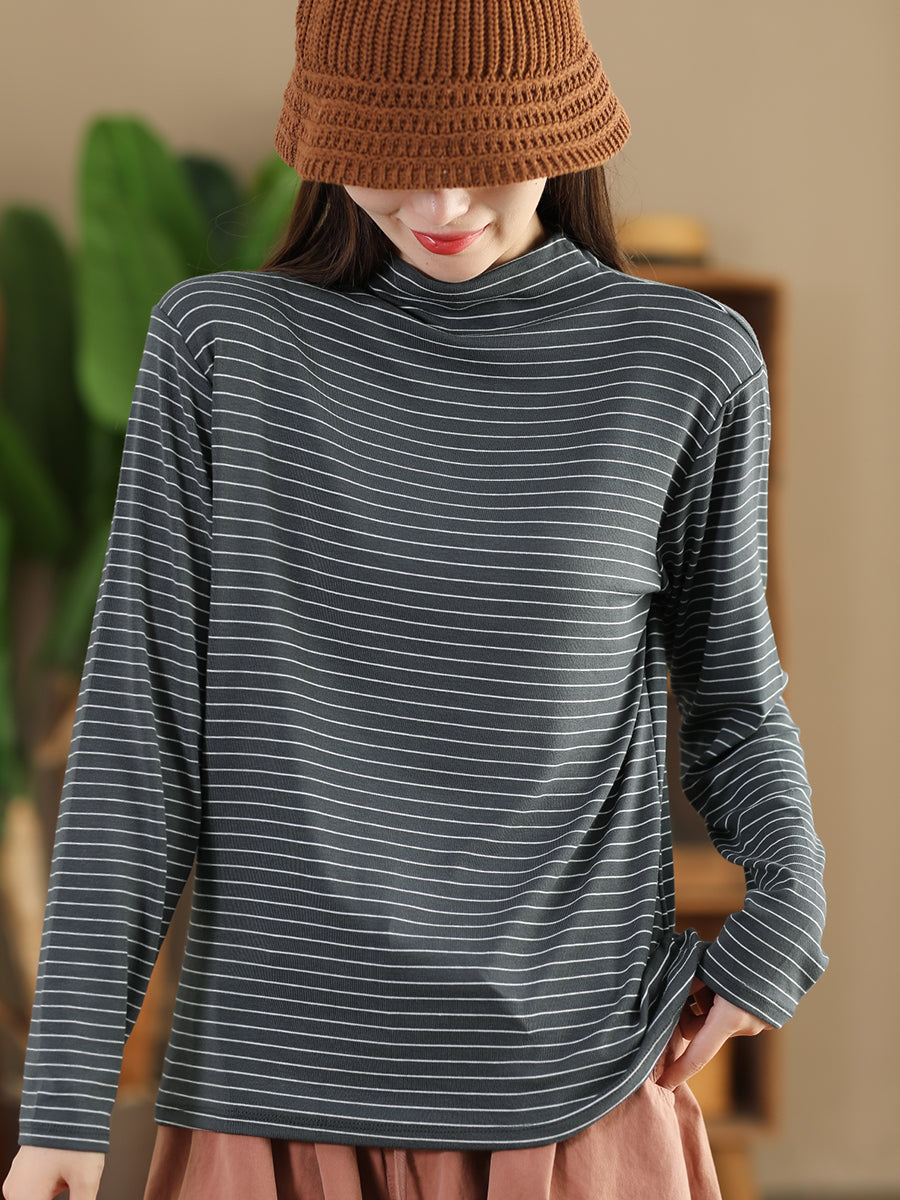 Women Autumn Casual Stripe Half Turtleneck Blouse