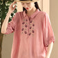 Women Summer Vintage Embroidery Turn-down Collar Ramie Shirt