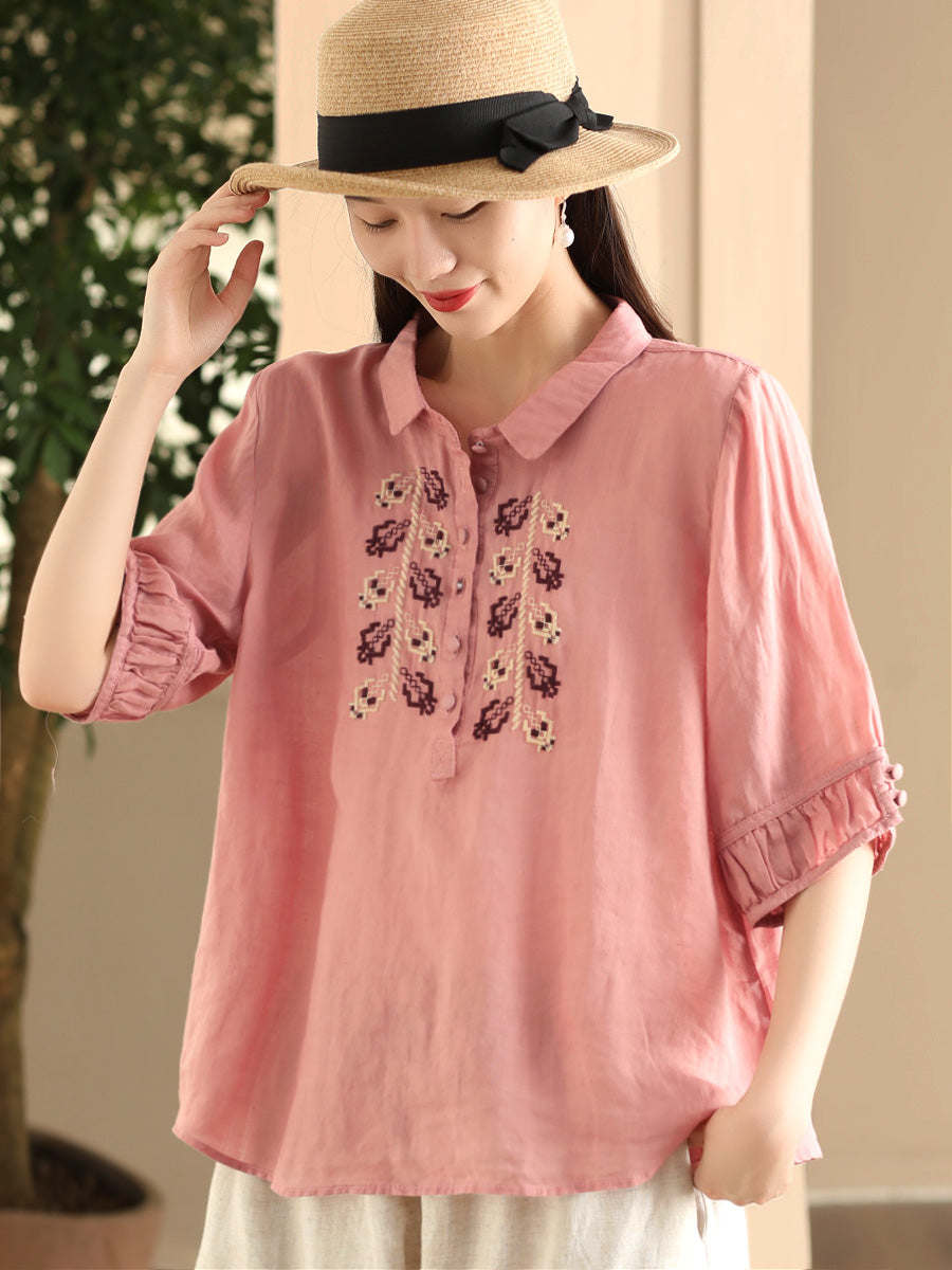 Women Summer Vintage Embroidery Turn-down Collar Ramie Shirt