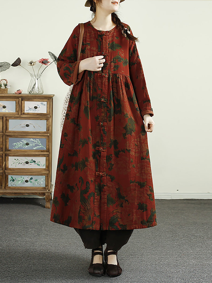 Women Ethnic Flower Button Linen Shirt Coat