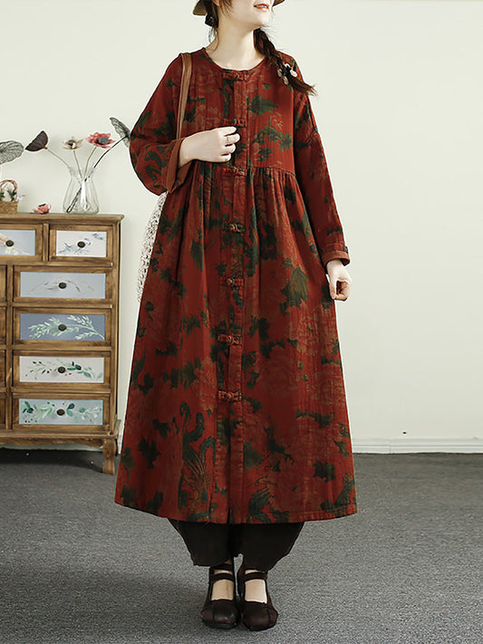 Women Ethnic Flower Button Linen Shirt Coat