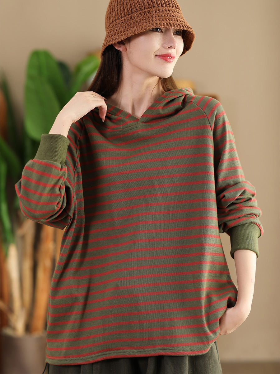 Women Casual Autumn Stripe Colorblock Hooded Sweatshirt