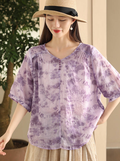 Women Summer Artsy Flower V-Neck Thin Ramie Shirt