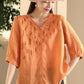 Women Summer Artsy Embroidery V-Neck Ramie Shirt