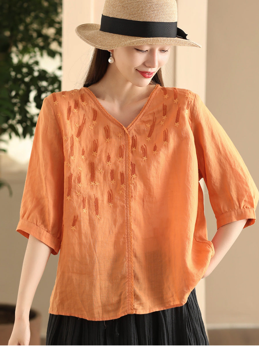 Women Summer Artsy Embroidery V-Neck Ramie Shirt