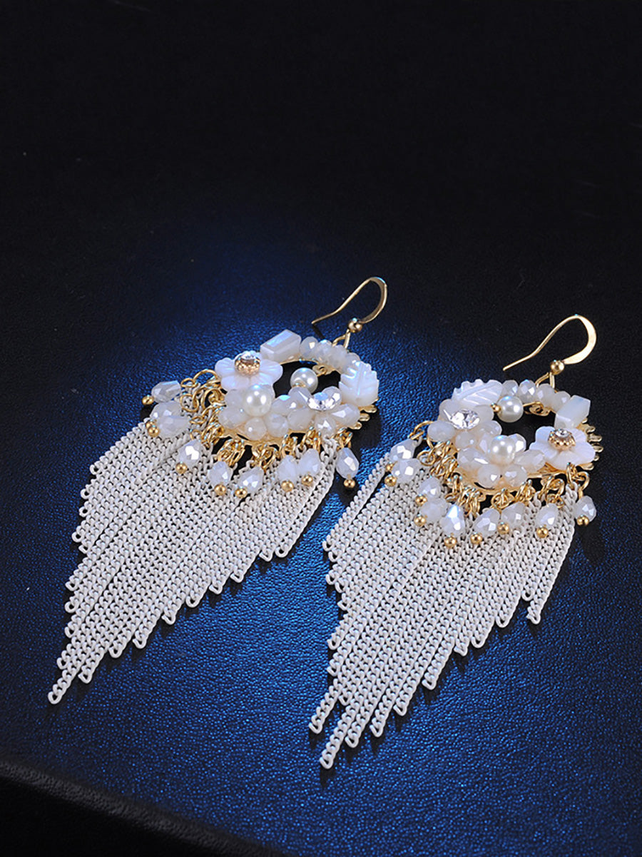 Bohemia Women Tassel Bead Flower Alloy Earrings