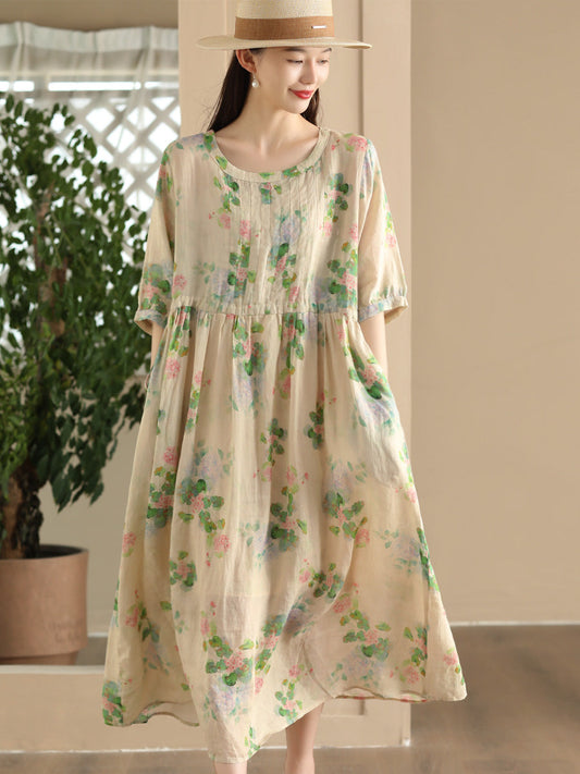 Women Artsy Floral Summer Pocket Ramie Loose Dress