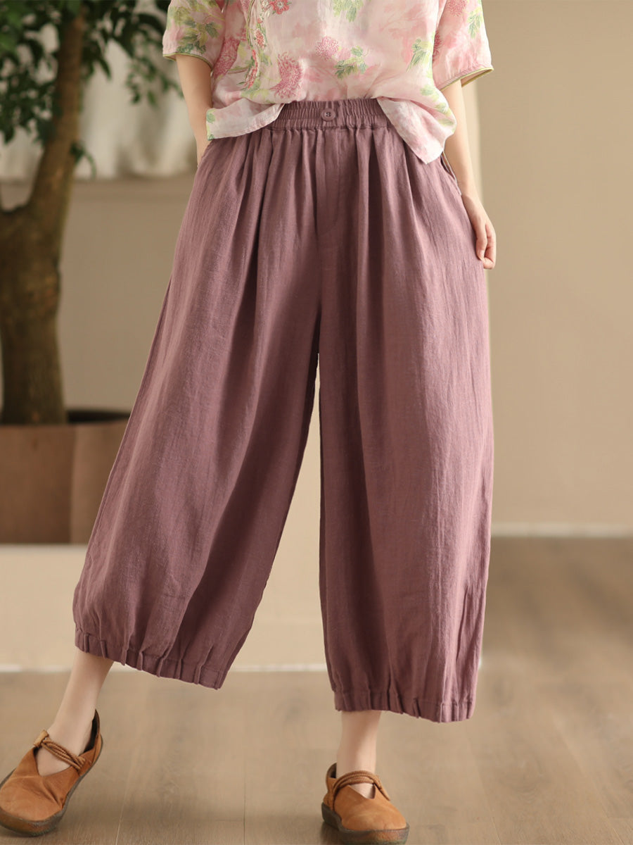 Women Summer Vintage Solid Linen Wide-leg Pants