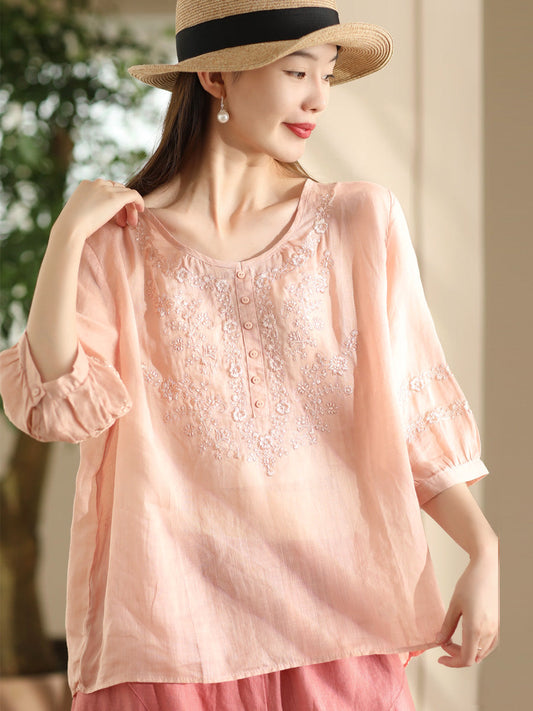 Women Summer Artsy Flower Embroidery O-Neck Ramie Shirt