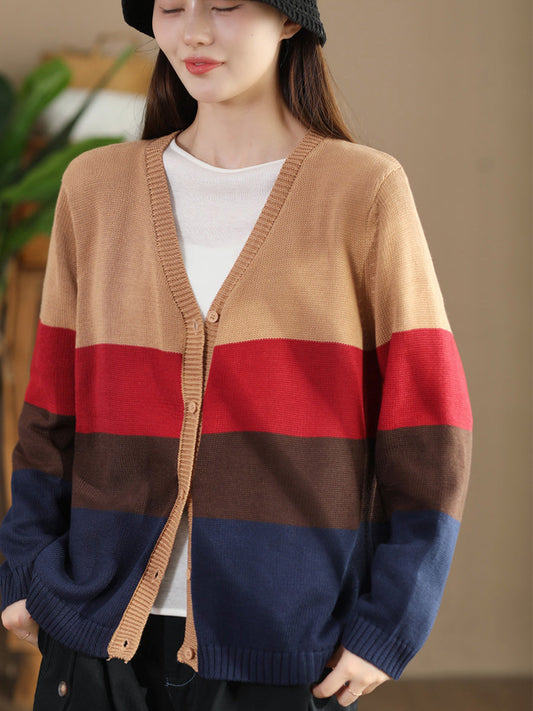 Women Autumn Colorblock V-Neck Knit Sweater