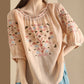 Women Summer Vintage Embroidery O-Neck Ramie Shirt