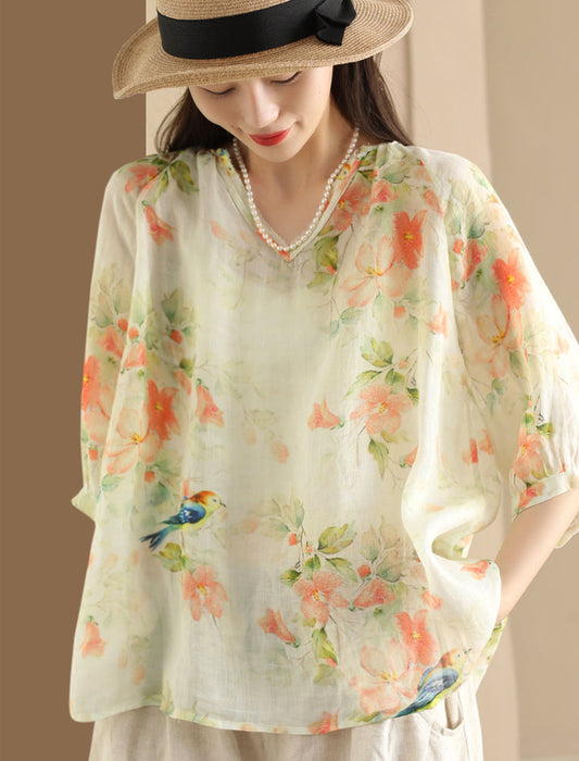 Women Summer Flower V-Neck Ramie Loose Shirt