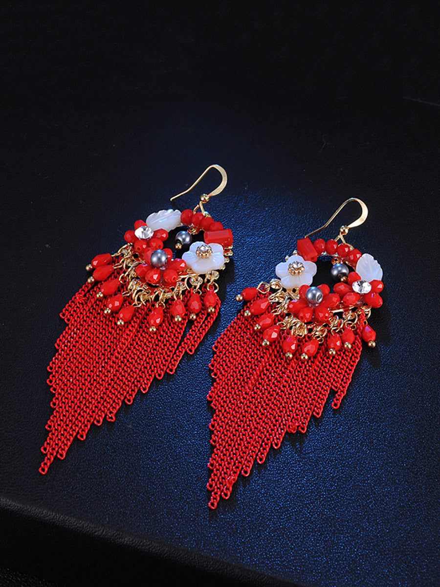 Bohemia Women Tassel Bead Flower Alloy Earrings