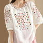 Women Summer Vintage Embroidery O-Neck Ramie Shirt