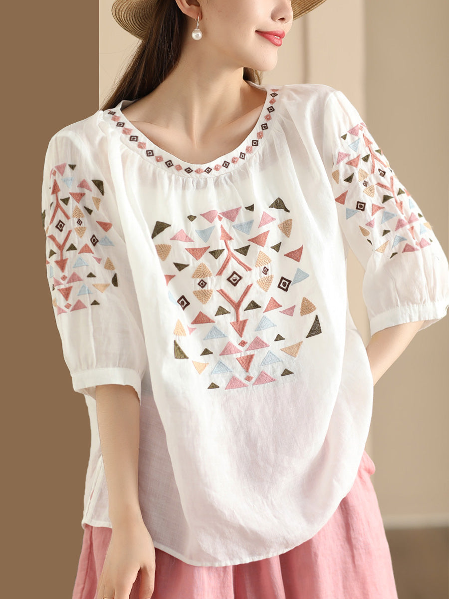 Women Summer Vintage Embroidery O-Neck Ramie Shirt