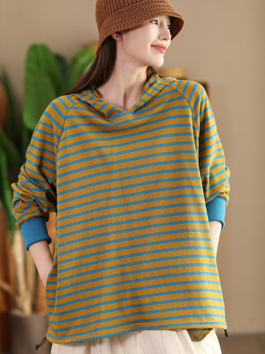 Women Casual Autumn Stripe Colorblock Hooded Sweatshirt