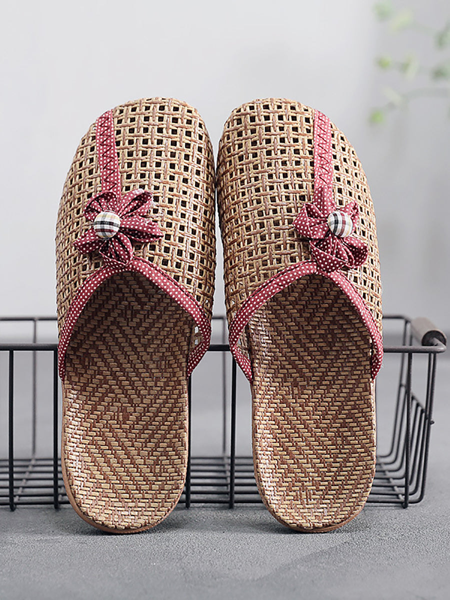 Couple Summer Straw Weave Flower Indoor Flat Slippers