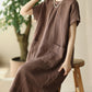 Women Summer Casual Solid Pocket O-Neck Linen Dress