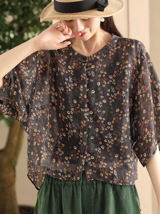 Women Summer Artsy Floral O-Neck Thin Shirt