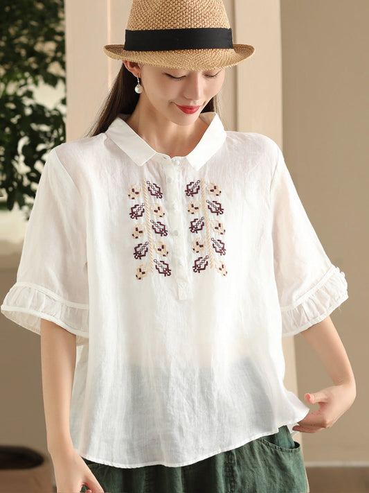 Women Summer Vintage Embroidery Turn-down Collar Ramie Shirt