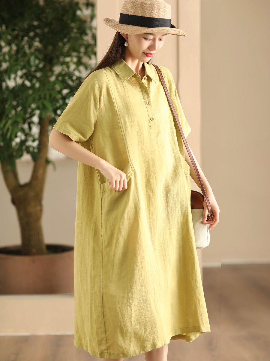 Women Summer Casual Solid Loose Polo Collar Linen Dress