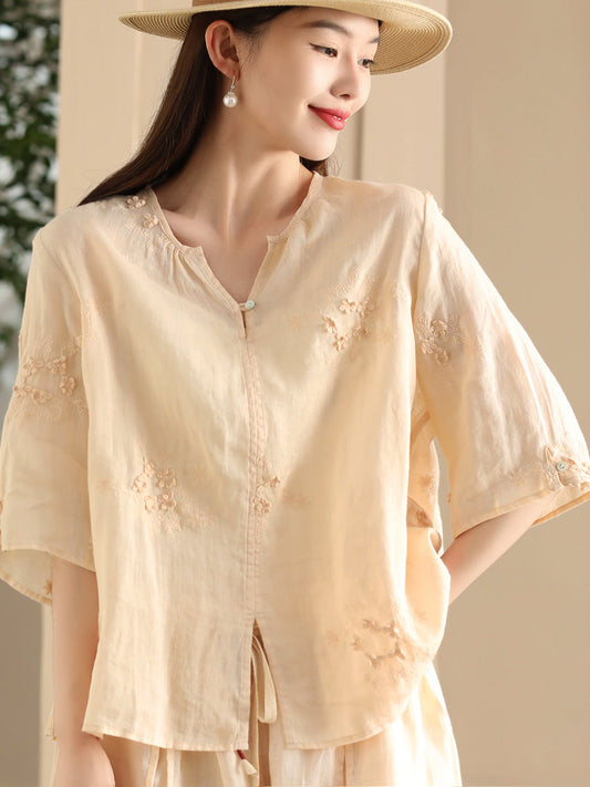 Women Summer Artsy Flower Embroidery Ramie Shirt