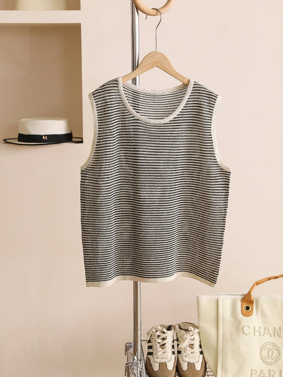 Women Summer Casual Stripe Linen O-Neck Vest