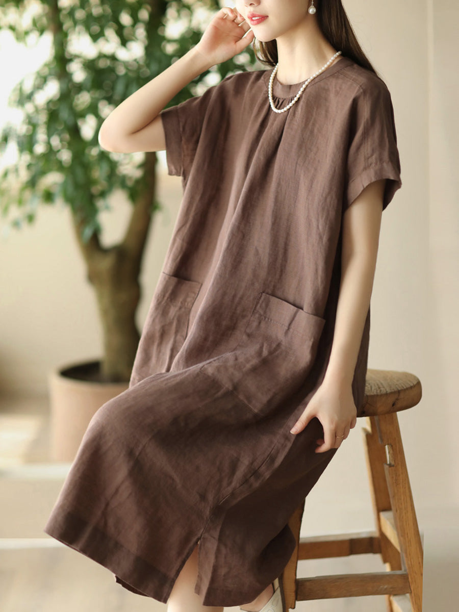 Women Summer Casual Solid Pocket O-Neck Linen Dress