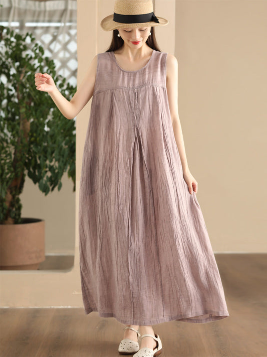 Women Summer Artsy Solid O-Neck Linen Vest Dress