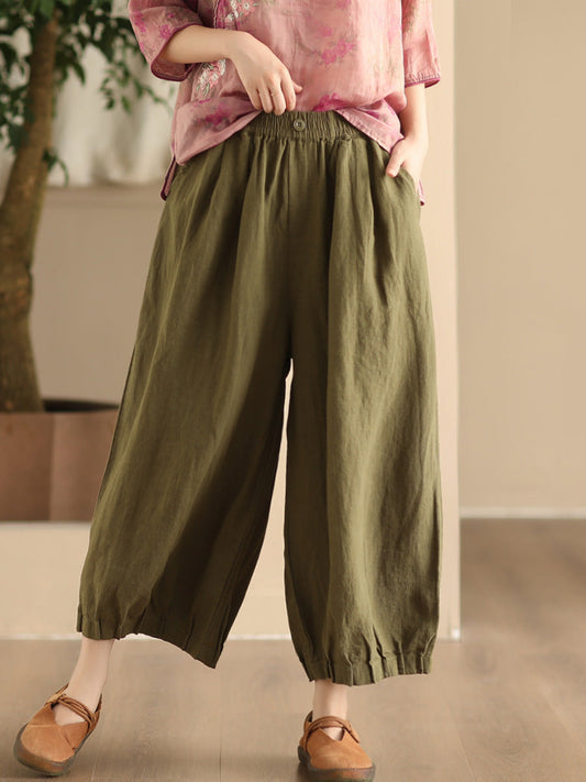 Women Summer Vintage Solid Linen Wide-leg Pants