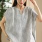 Women Summer Vintage Plaid V-Neck Loose Linen Shirt