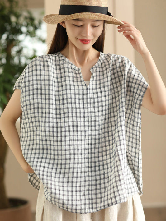 Women Summer Vintage Plaid V-Neck Loose Linen Shirt