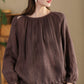 Women Summer Artsy Strap Hem O-Neck Ramie Blouse