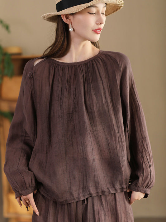 Women Summer Artsy Strap Hem O-Neck Ramie Blouse