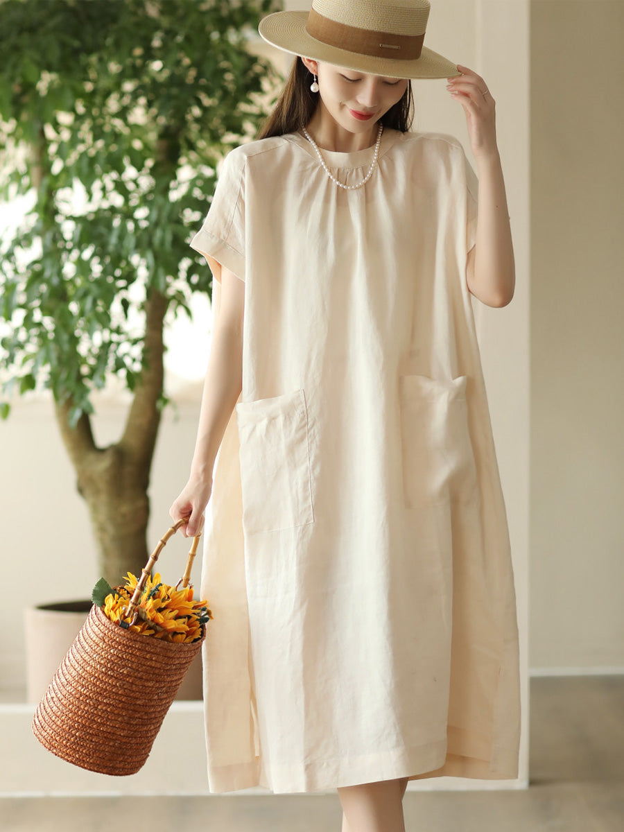 Women Summer Casual Solid Pocket O-Neck Linen Dress