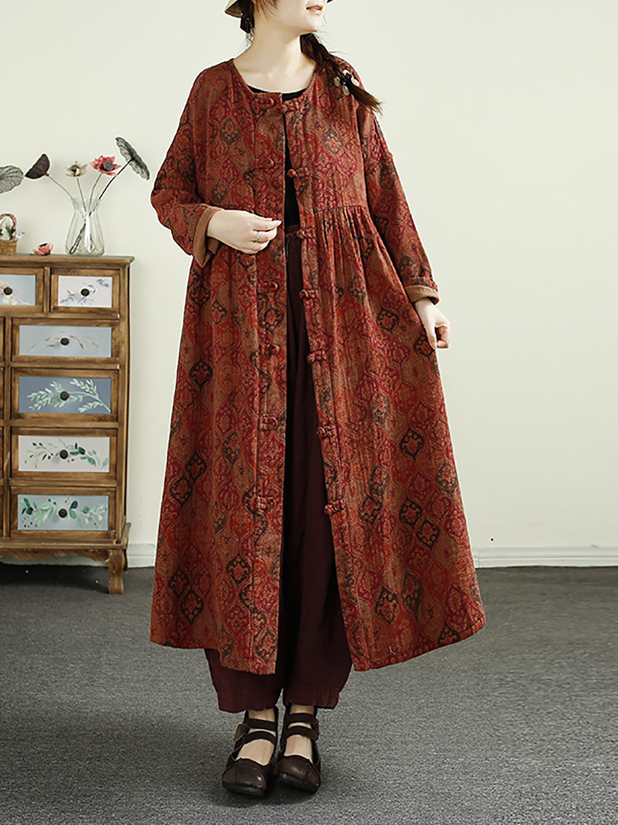 Women Ethnic Flower Button Linen Shirt Coat