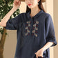 Women Summer Vintage Embroidery Turn-down Collar Ramie Shirt