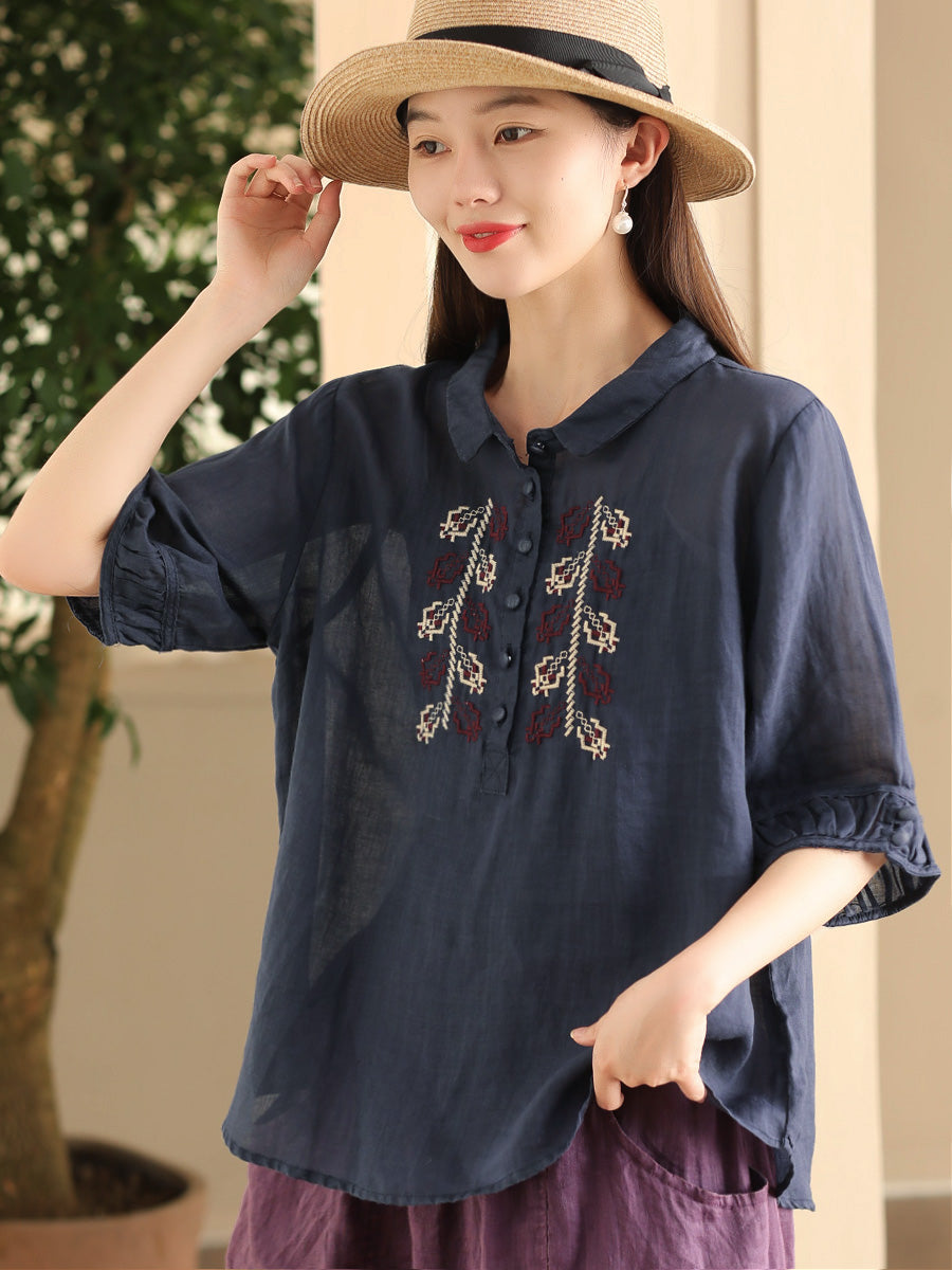 Women Summer Vintage Embroidery Turn-down Collar Ramie Shirt