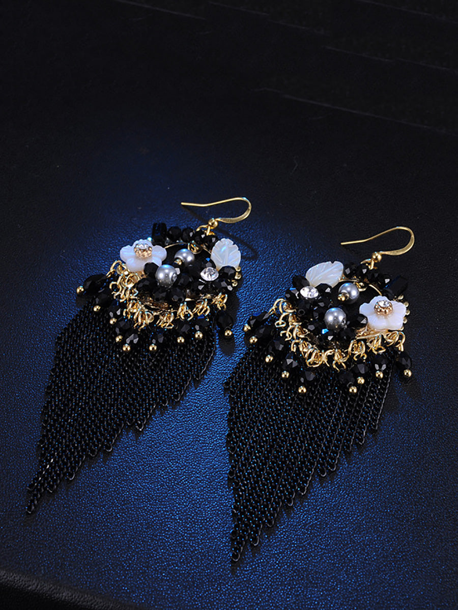 Bohemia Women Tassel Bead Flower Alloy Earrings