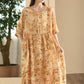 Women Summer Artsy Floral O-Neck Shirred Ramie Dress