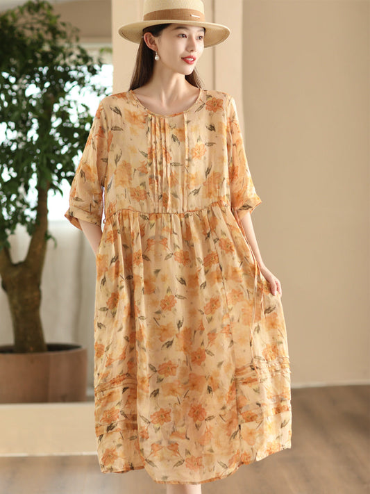 Women Summer Artsy Floral O-Neck Shirred Ramie Dress