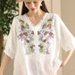 Women Summer Vintage Flower Embroidery Lace Ramie Shirt