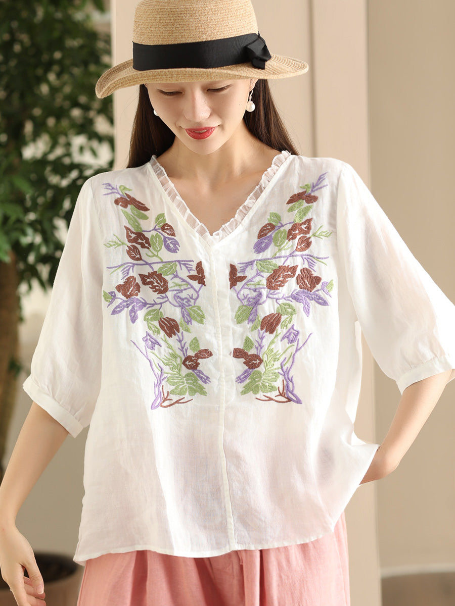 Women Summer Vintage Flower Embroidery Lace Ramie Shirt