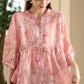 Women Summer Artsy Floral Strap Button Ramie Shirt