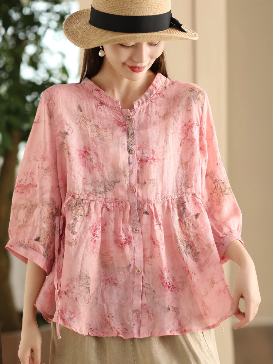 Women Summer Artsy Floral Strap Button Ramie Shirt