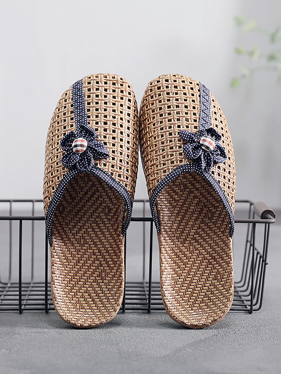 Couple Summer Straw Weave Flower Indoor Flat Slippers