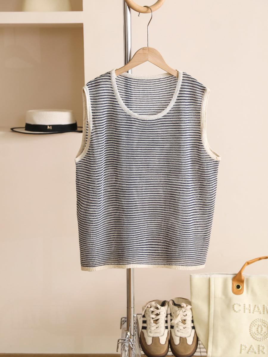 Women Summer Casual Stripe Linen O-Neck Vest