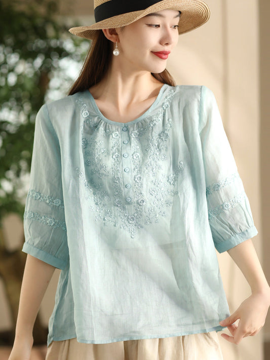 Women Summer Artsy Flower Embroidery O-Neck Ramie Shirt